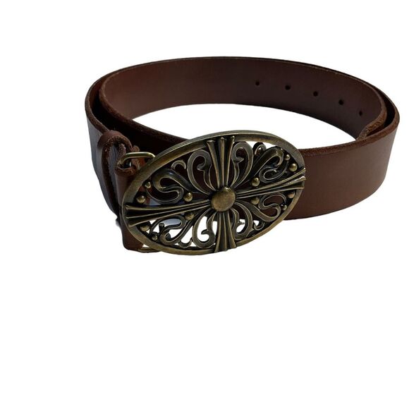 Million Wishes Brown Leather Gold-tone Ornate Detachable Buckle Belt Size L(42”) - Picture 1 of 16